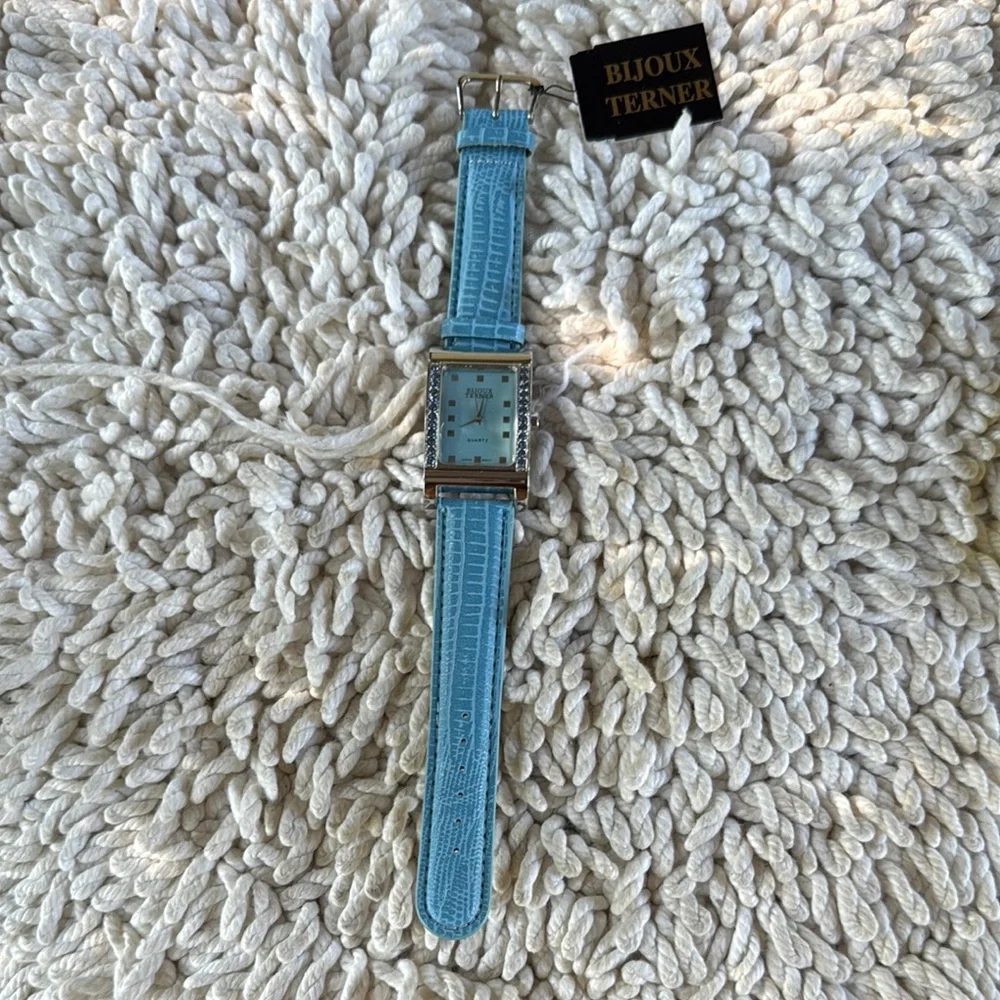 New BIJOUX TERNER Blue Silver Blue Tint Crystal Frame Leather Watch - Picture 1 of 10